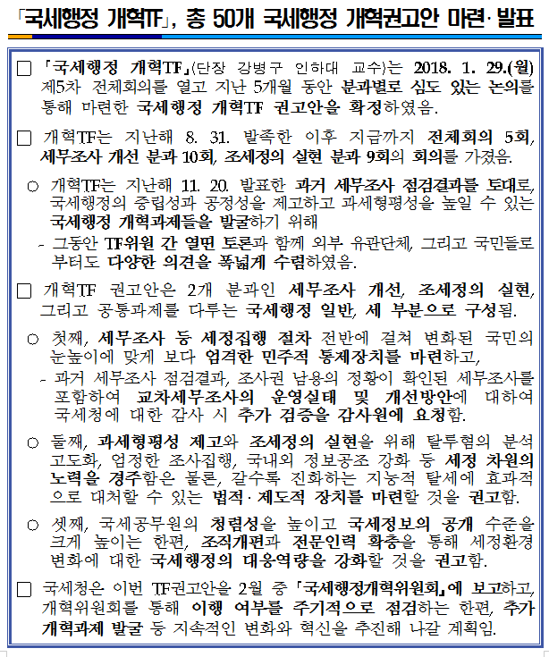 국세행정 개혁TF, 총 50개 국세행정 개혁권고안 마련 발표